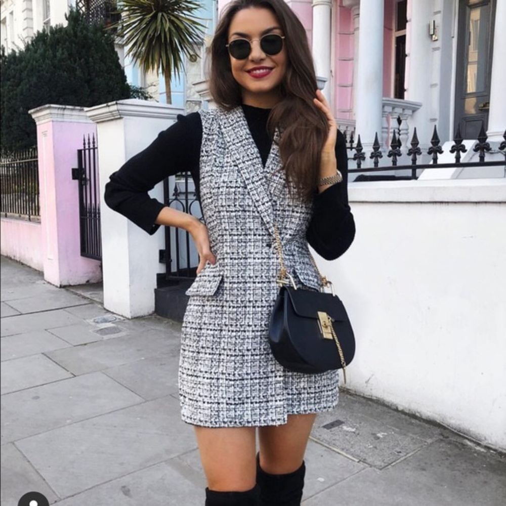 ZARA WOMAN TWEED BLACK WHITE JUMPSUIT Romper DRESS